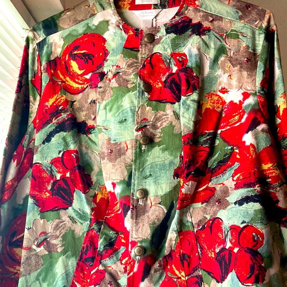 Red floral on green CJ Banks jacket